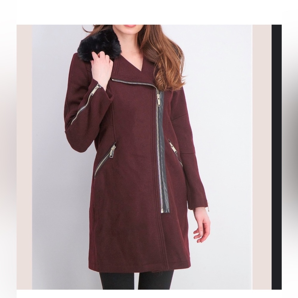 Michael KORS Women's Faux-Fur-Trim Asymmetrical Coat, Burgundy never worn